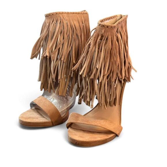 Aldo Women’s Size 6.5 Fringe Suede Stiletto Heels Sandals Tan Boho Festival - Picture 1 of 8